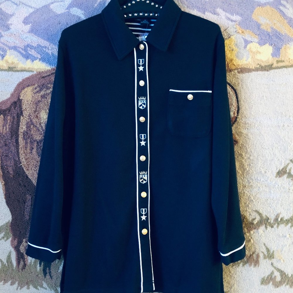 NWT Moving Bleu Sz M Fit L  Womens Knit Navy Jacket Button Embroidered Pocket